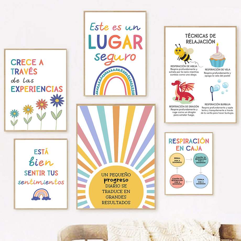 Kids Educational Posters - Spanish Education Motto Rainbow Sunshine Wall